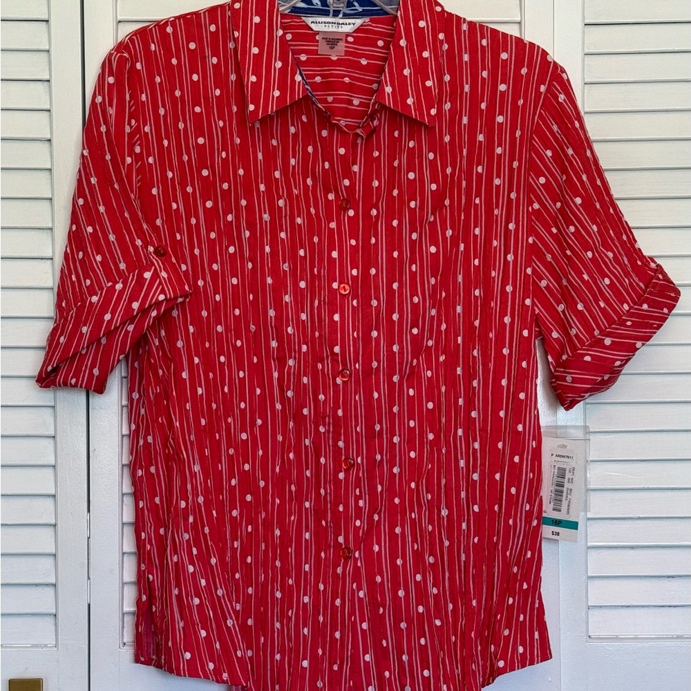 Allison Daley Ladies Petite Red & White Striped/Polka Dot Crinkle Shirt